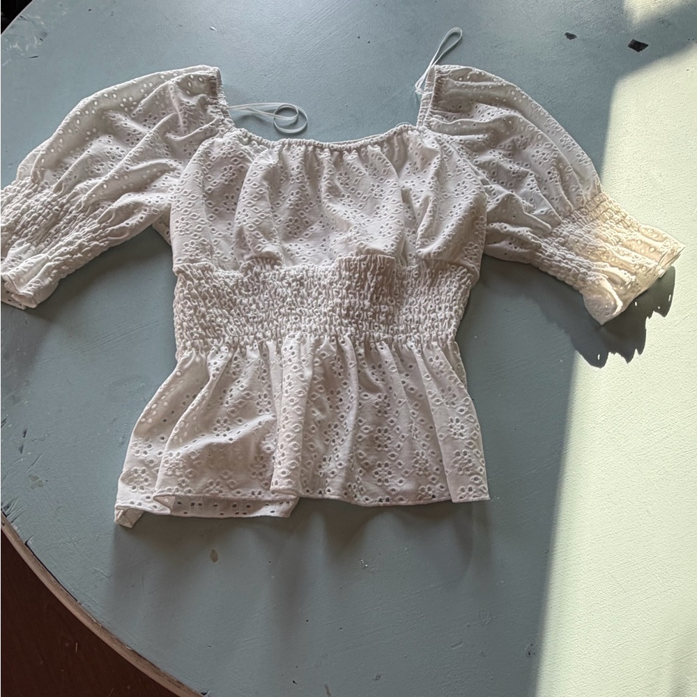 White Eyelet Smocked Women's Top